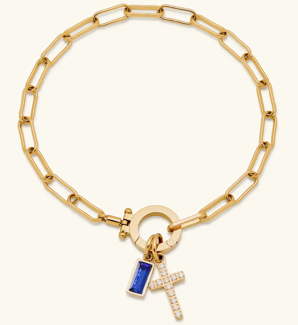 Holy Christian Cross Birth Stone Natural Zircon Gemstone Charm Bracelet set in 18K Gold Plating Capella Jewellery