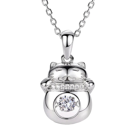 French Lucky Cat 0.3 Carat Moissanite Diamond Pendant set in 18K White Gold Plated 925 Silver