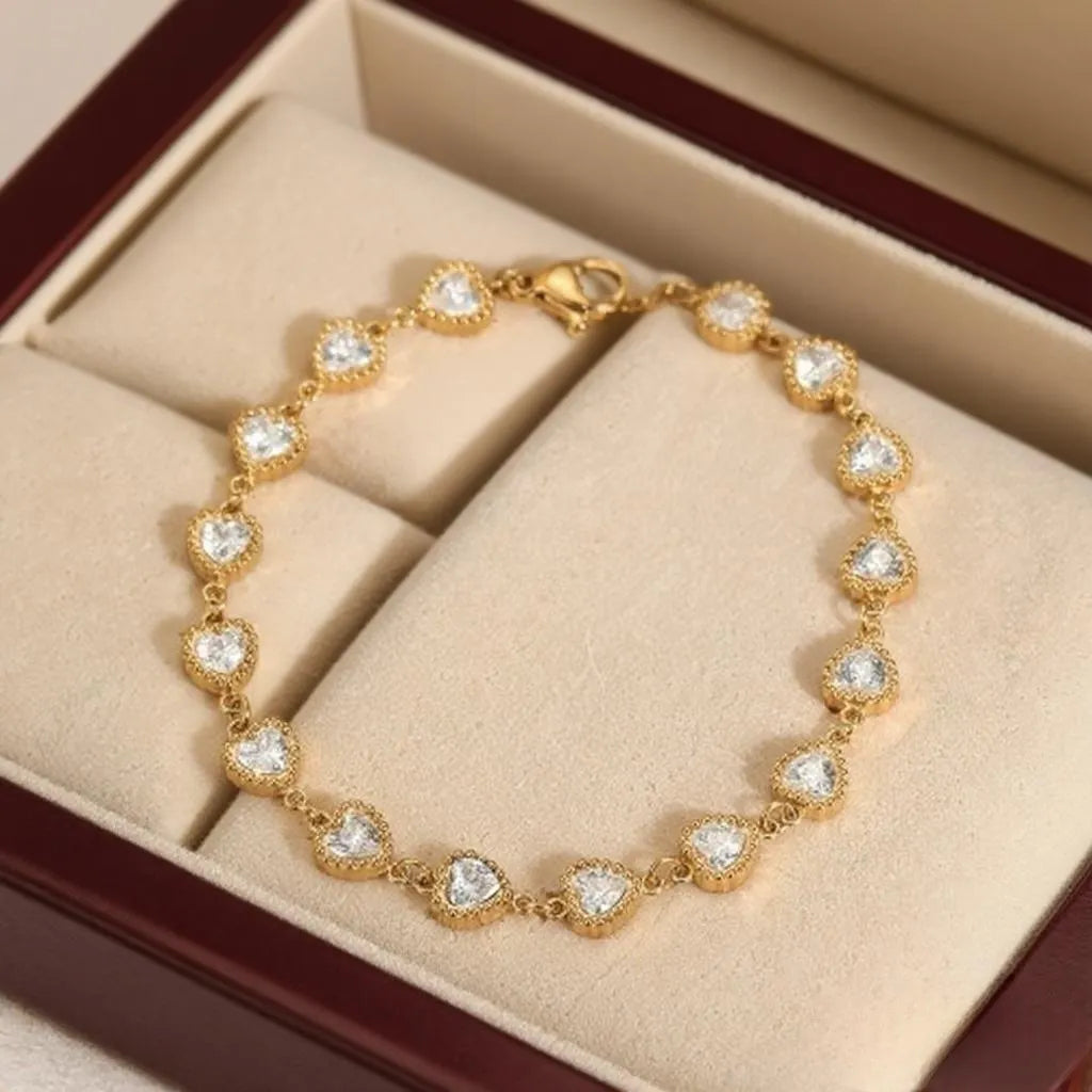 Elegant Italian Hearts Natural Zircon Gemstone Charm Bracelet set in 18K White Gold plating Capella Jewellery