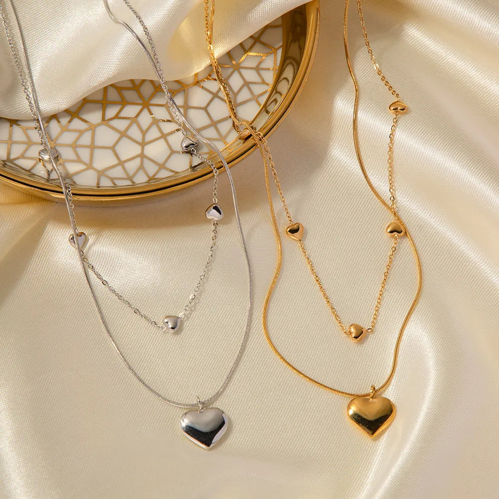 Romantic French Vintage Love Heart Double-Layer Collarbone Necklace set in 18K Gold Plating Capella Jewellery