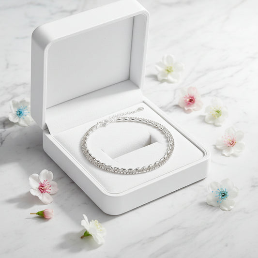 Italian Modern Rice Bead Double Layer Bracelet set in White Gold Plated 925 Sterling Silver