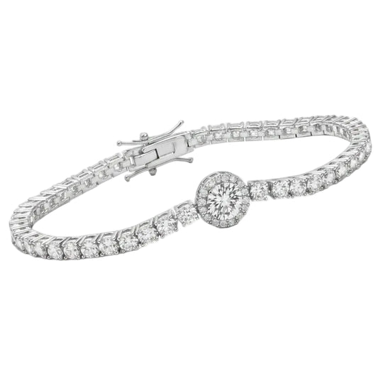 French Tennis Bracelet set in Full Pave (3mm) Natural Zircon Gemstones 18K White Gold Plating