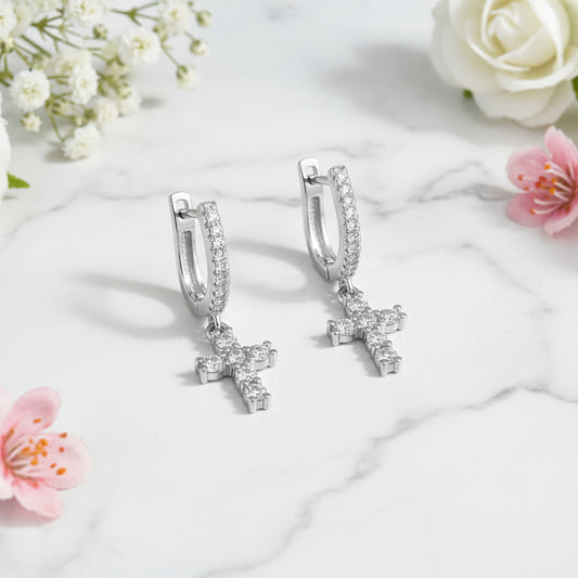 French Holy Christian Cross 1 Carat Moissanite Diamond Earrings set in Platinum Plated 925 Silver (GRA)