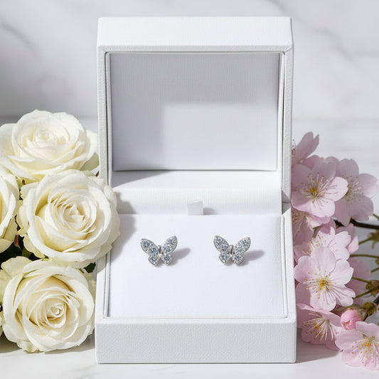 Mosaic Butterfly Micro Moissanite Earrings set in Platinum Plated 925 Silver (GRA) Capella Reya in a box