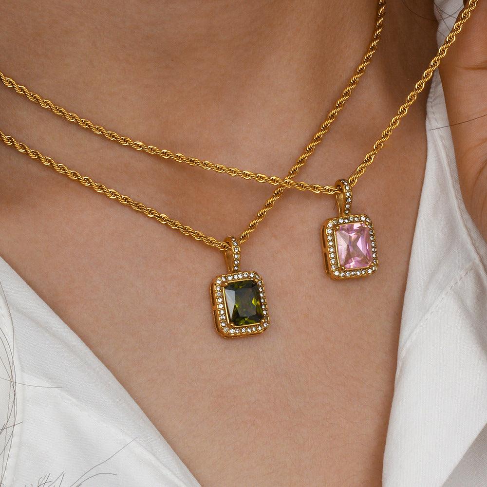 European Vintage Emerald Cut Natural Zircon Gemstone Pendant set in 18K Gold Plated Clavicle Necklace Capella Jewellery