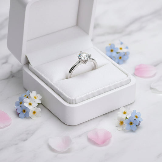 Italian Lotus Flower Solitaire 1 Carat Moissanite Diamond Ring set in 18K White Gold Plated 925 Silver (GRA)
