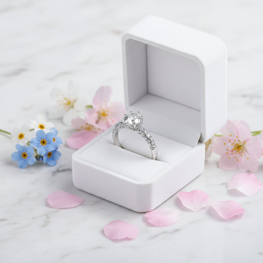 Japanese Design Solitaire Micro Pavé 1 Carat Moissanite Diamond Ring set in 18K White Gold Plated 925 Silver (GRA)