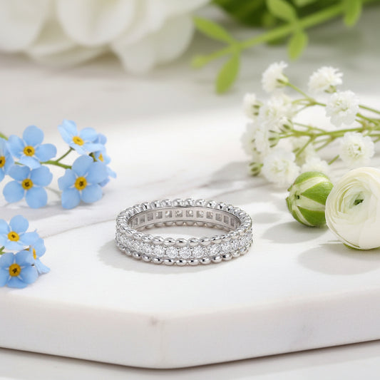 Italian Bead Edge Eternity Ring Micro Pave 0.7 Carat Moissanite Diamond set in Platinum Plated 925 Silver (GRA)