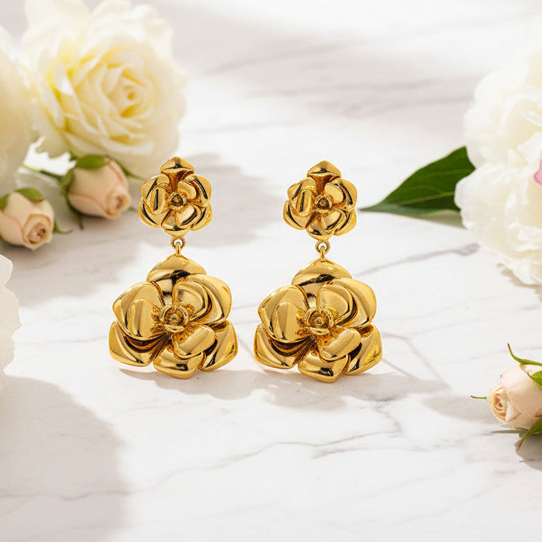 Italian Inspired Camellia Flower Retro Design Stud Earrings set in 18K Gold Plated Capella Reya pic 6