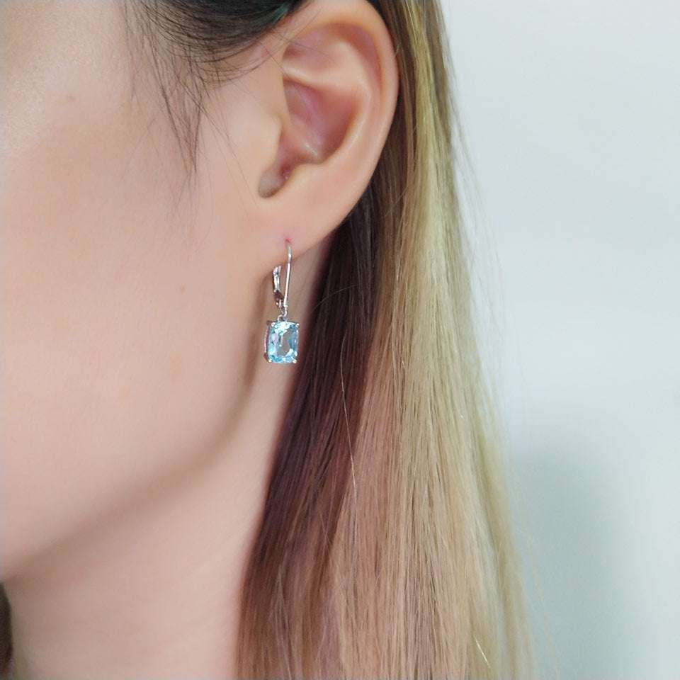 Lady Blue French Natural Topaz Gemstone Pendant Earrings set in 18K White Gold Plated 925 Silver Capella Reya pic 9 woman wearing image