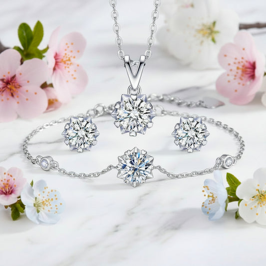 Snowflake Moissanite Diamond Earrings/Necklace/Bracelet set in 18K White Gold Plated 925 Silver (GRA)