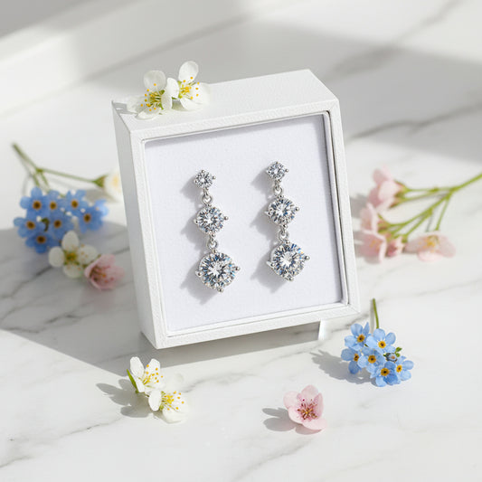 Three Tier Italian Inspired 3.2 Carat Moissanite Diamond Earrings set in Platinum plated 925 Silver (GRA)
