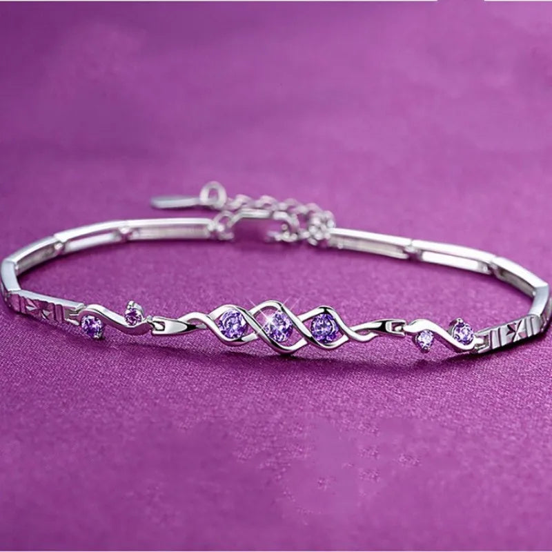 French Purple Amethyst Three Life Stone Bracelet set in 18K White Gold Plated 925 Silver Capella Jewellery