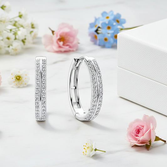 Modern Italian Twin Row Hoop Moissanite Diamond Earrings set in Gold Plated 925 Sterling Silver (GRA)