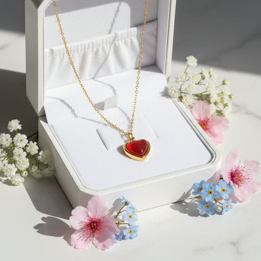 Italian Vintage Red Heart Natural Crystal Love Pendant Necklace set in 18K Gold Plating