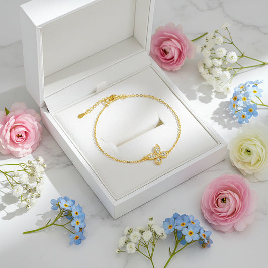 European Butterfly Micro Inlaid Moissanite Diamonds Bracelet set in 18K Gold Plated 925 Silver