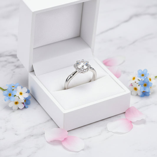 French Halo Inspired Pavé Flower Solitaire 1 Carat Moissanite Diamond Ring set in Platinum Plated 925 Silver (GRA)