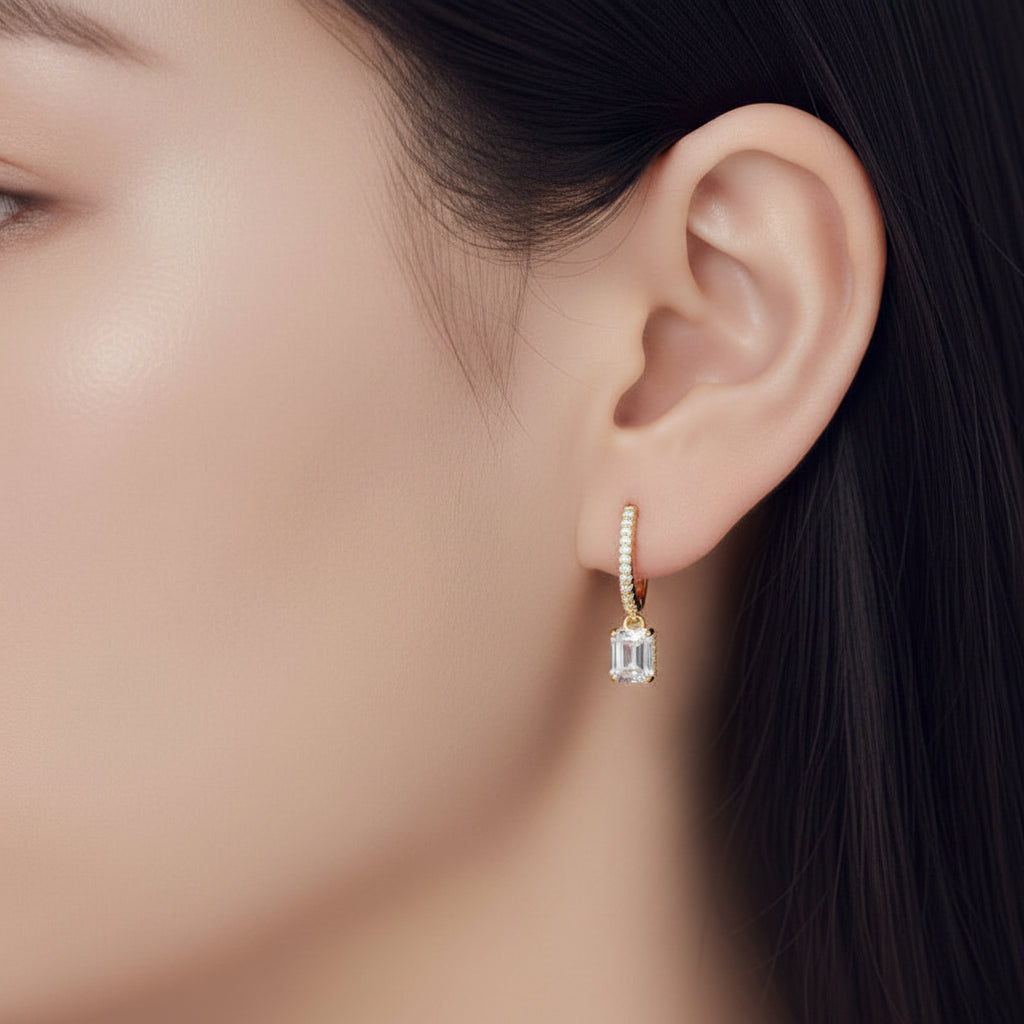 Italian Modern Lock Inlaid Design 2 Carat Natural Zircon Gemstone Earrings set in 18K White Gold Plated 925 Silver Capella Reya pic 7