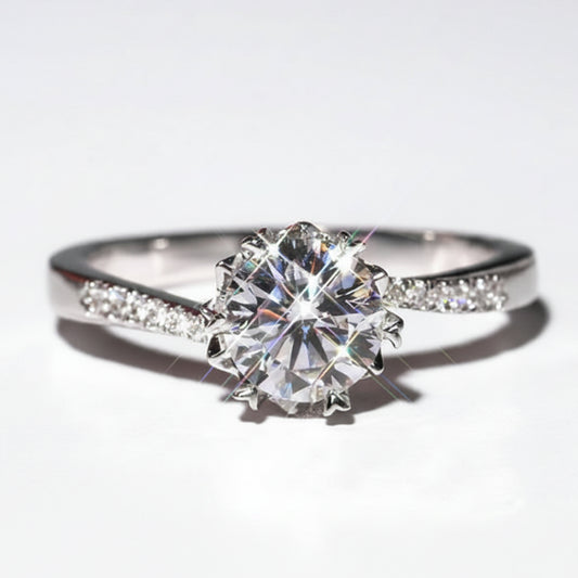 Winter Snowflake Pavé Twist Solitaire 2 Carat Moissanite Diamond Ring set in Platinum plated 925 Silver (GRA)