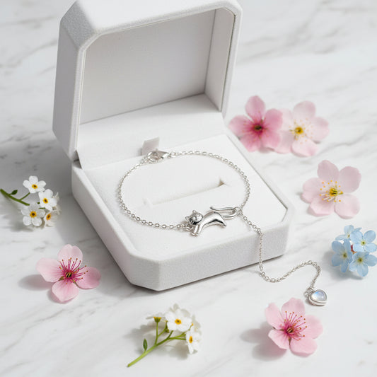 French Cute Playful Kitty Cat Motif Charm Bracelet set in Platinum Plated 925 Sterling Silver