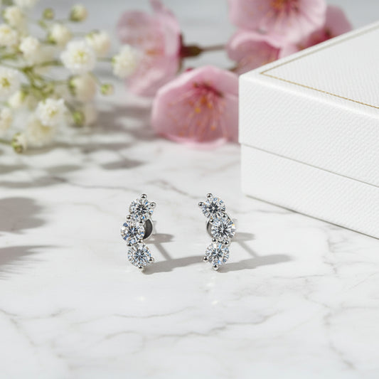 Elegant Italian Three Stars 1.2 Carat Moissanite Diamond Earrings set in Platinum Plated 925 Silver (GRA)