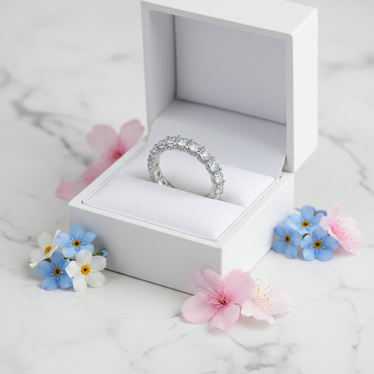 European Eternity Ring Full Pavé 2.1 Carat Moissanite Diamond set in 18K White Gold Plated 925 Silver (GRA)