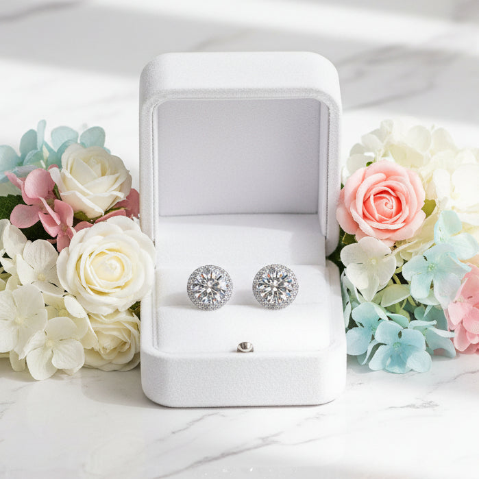 French Pink Halo Center Stones 2 Carat Moissanite Diamond Earrings set in 925 Silver (GRA)