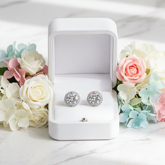 French Pink/White Halo Centre 2 Carat Moissanite Diamond Earrings set in Platinum Plated 925 Silver (GRA)