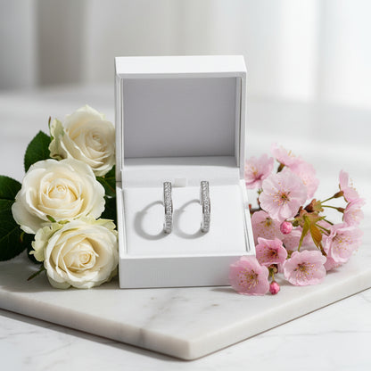 Linear Row European Inspired Hoop Micro Moissanite Earrings set in 18K Gold Plated 925 Silver Capella Reya white gold in a box