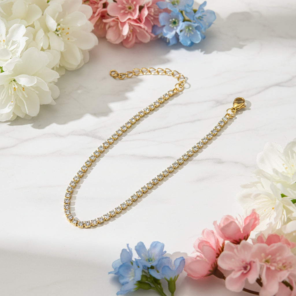 Classic Pave Inlay Full (3mm) Natural Zircon Crystal Tennis Bracelet Set in 18K Gold Plating