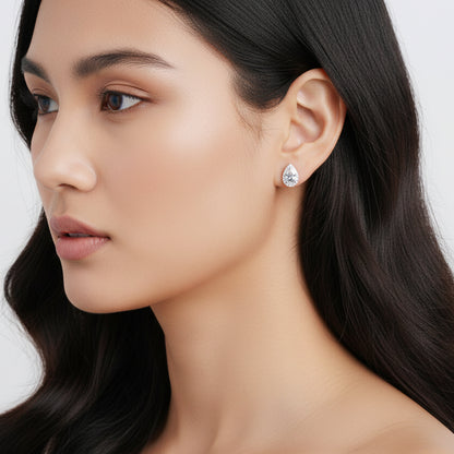 Italian Water Drop Design Halo 2 Carat Moissanite Earrings set in Platinum Plated 925 Silver (GRA) Capella Reya pic 5 woman wearing image
