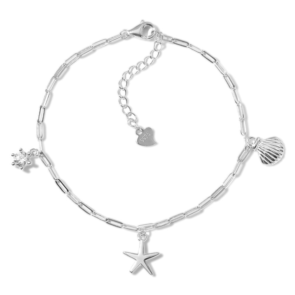 Ocean Starfish and Shell Natural Zircon Gemstone Bracelet set in 925 Sterling Silver