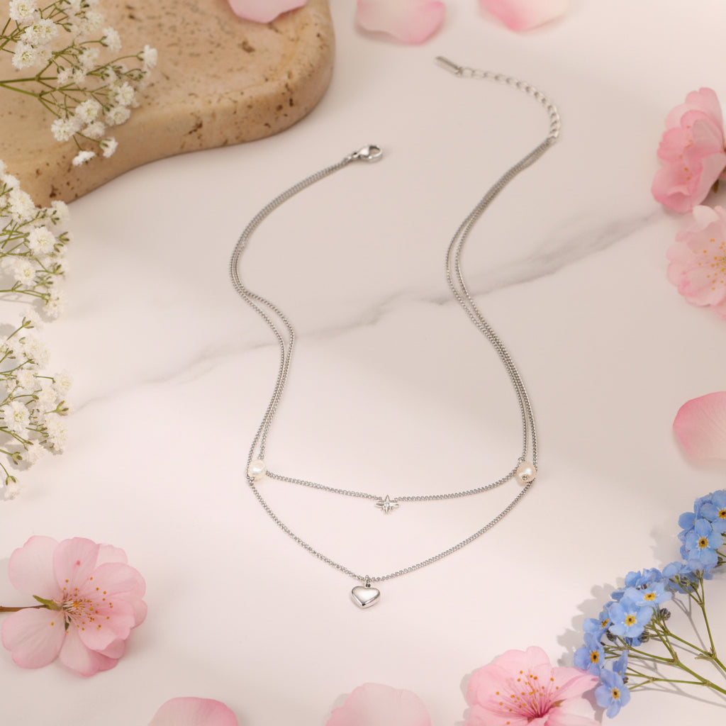 Six-Pointed Star or Heart Double-layer Pearl Necklace and Bracelet set in 18K Gold Plating Capella Jewellery