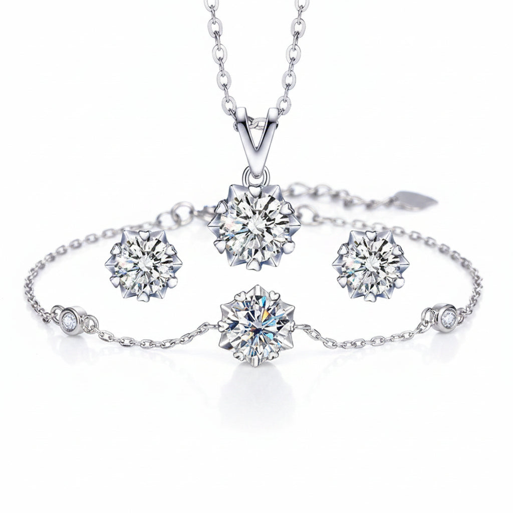 Snowflake Moissanite Earrings/Necklace/Bracelet set in 18K White Gold Plated 925 Silver (GRA) Capella Reya pic 3