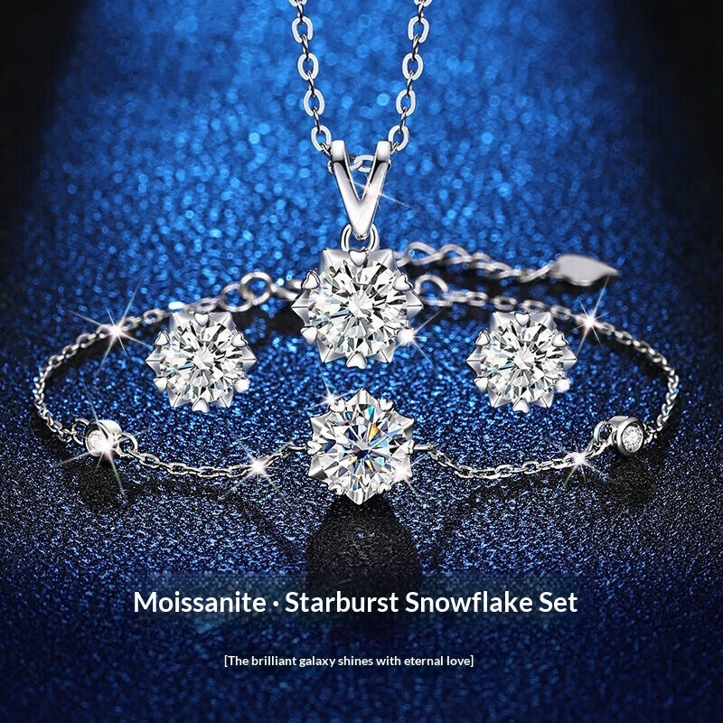 Star Light Sterling Silver Snowflake Moissanite Necklace Set For Women