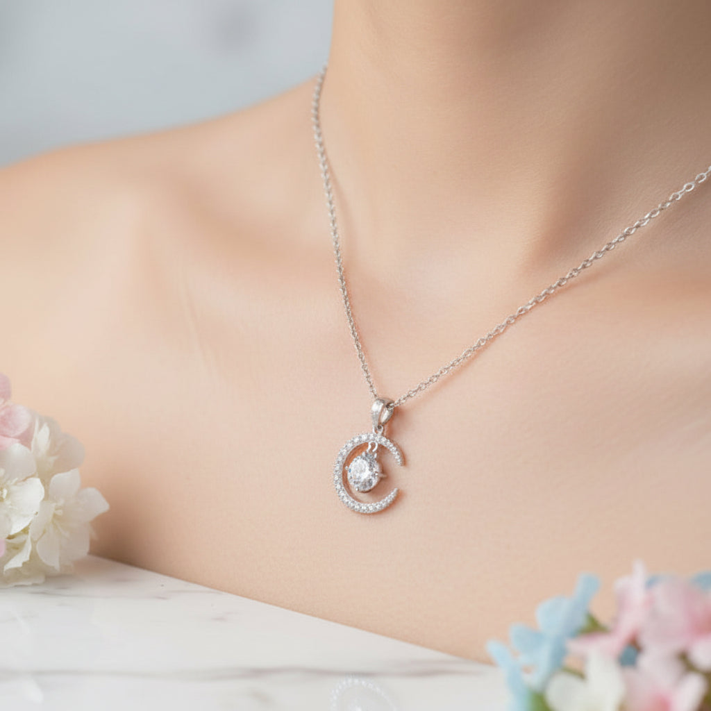 Crescent Moon & Star 2.3 Carat Moissanite Necklace set in 18K White Gold Plated 925 Silver (GRA) Capella Jewellery
