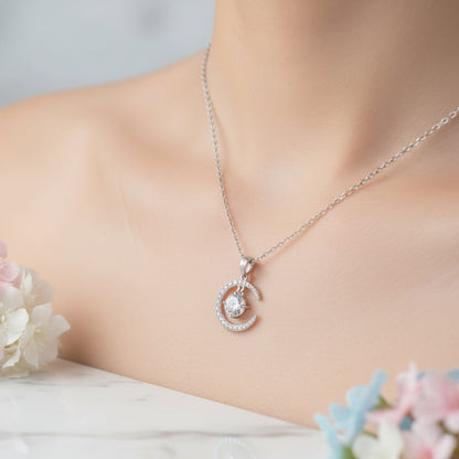 Crescent Moon & Star 2.3 Carat Moissanite Necklace set in 18K White Gold Plated 925 Silver (GRA) Capella Jewellery