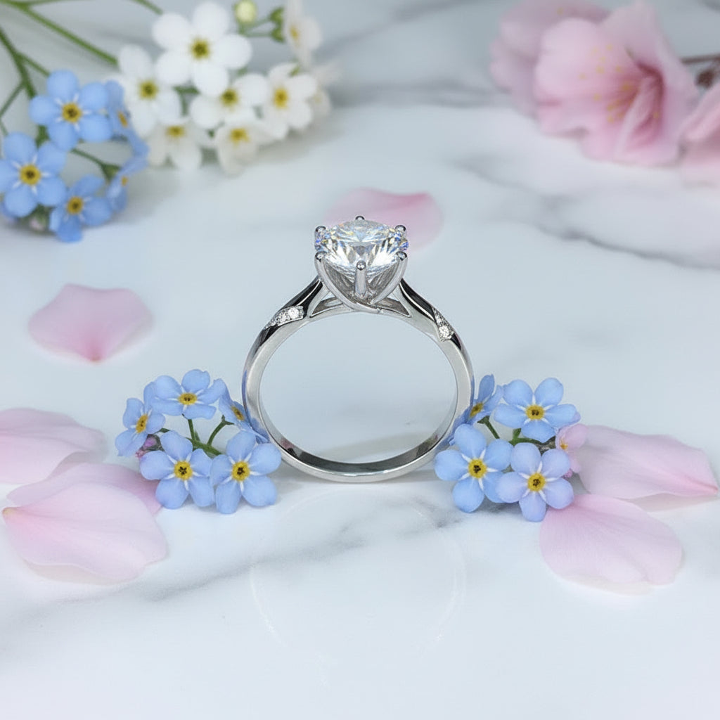 French Solitaire Pavé Inlay 3 Carat Moissanite Diamond Ring set in 18K White Gold 925 Silver (GRA)