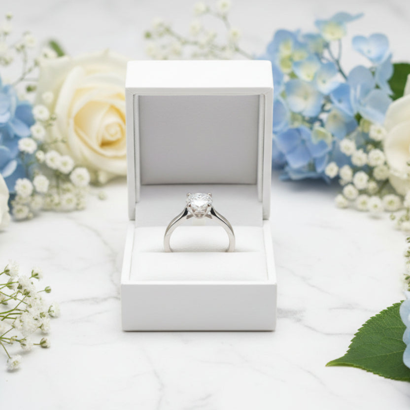 French Four-Claw Solitaire Ring 2 Carat Natural Zircon Gemstone set in Platinum plated 925 Silver Capella Jewellery