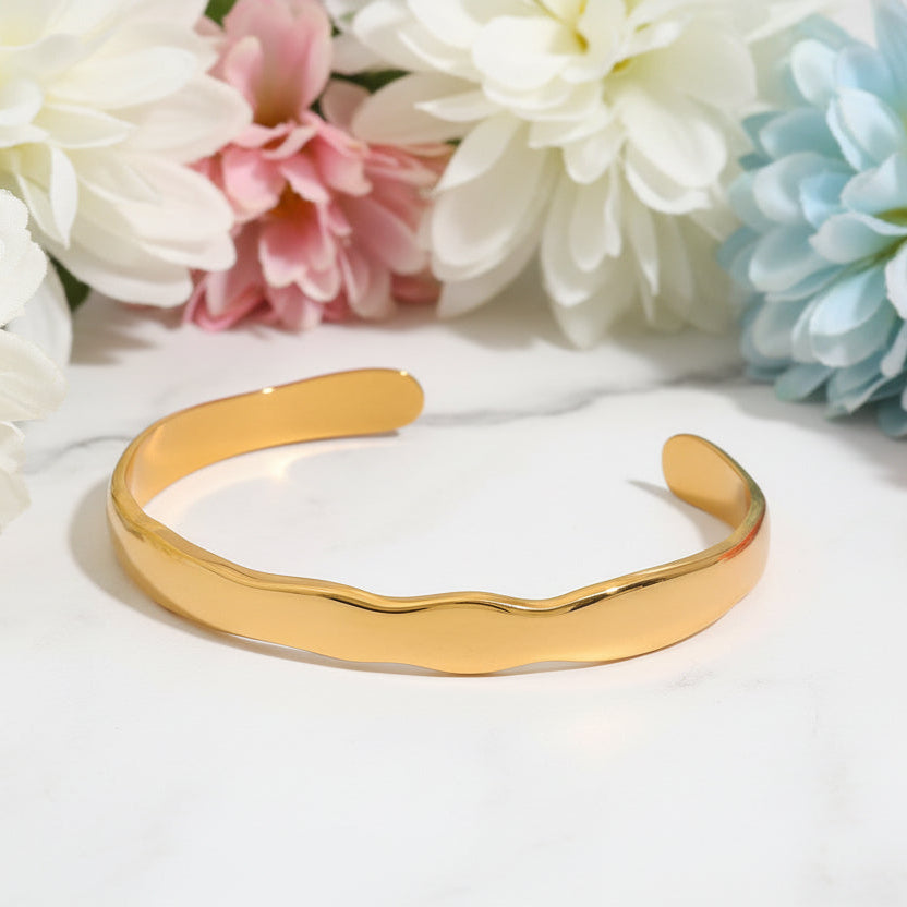 French Chic Designed Twin Wave Open-Ended Bangle Bracelet set in 18K Gold Plating