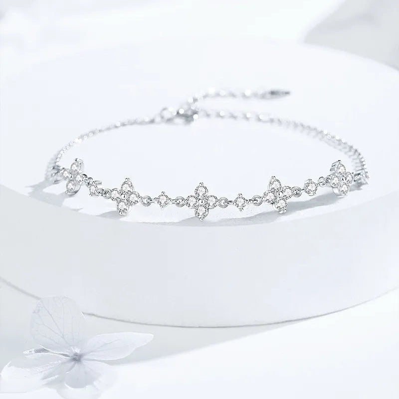 French Five Flower Natural Zircon Gemstone Bracelet set in 18K White Gold Plated 925 Silver Capella Jewellery
