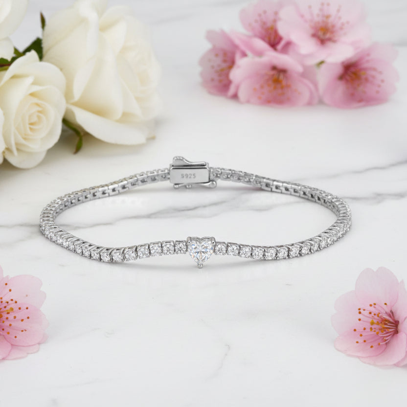 White Heart 0.5 Carat set in Full 2mm Moissanite Diamond Bracelet set in 925 Silver (GRA)