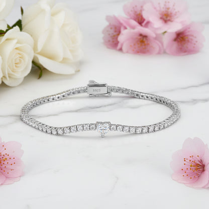 French Heart 0.5ct Full 2mm Moissanite Bracelet set in 18K White Gold Plated 925 Silver (GRA) Capella Jewellery