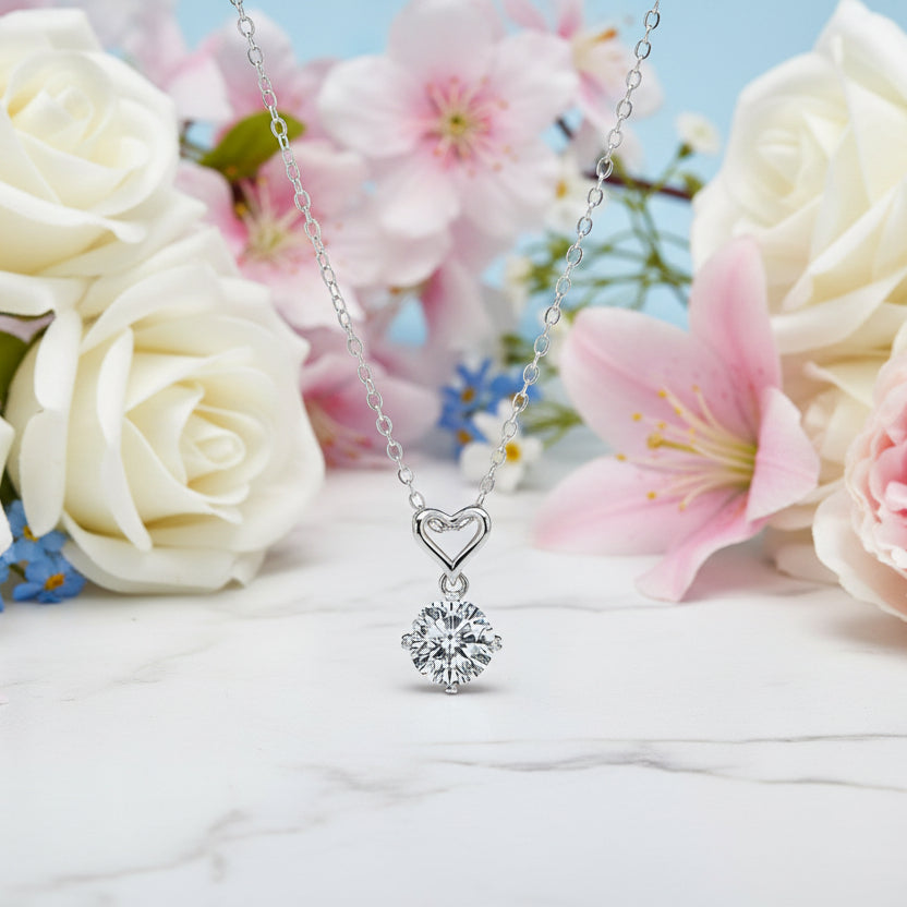 Heart Four Claw 1 Carat Moissanite Diamond Love Pendant set in 925 Silver Necklace (GRA)