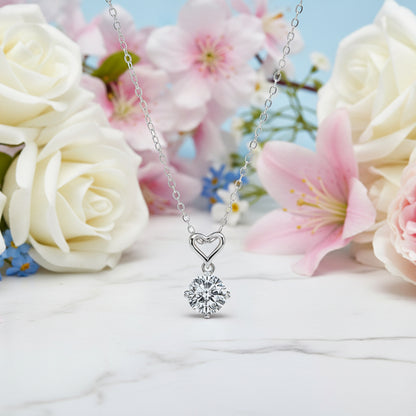 French Heart Four-Claw 1 Carat Moissanite Love Necklace set in Platinum Plated 925 Silver (GRA) Capella Jewellery front image