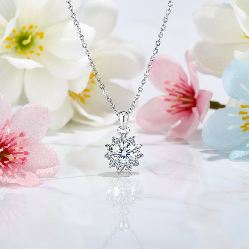 Summer Sunflower 2 Carat Moissanite Diamond Pendant set in 925 Silver Necklace (GRA)