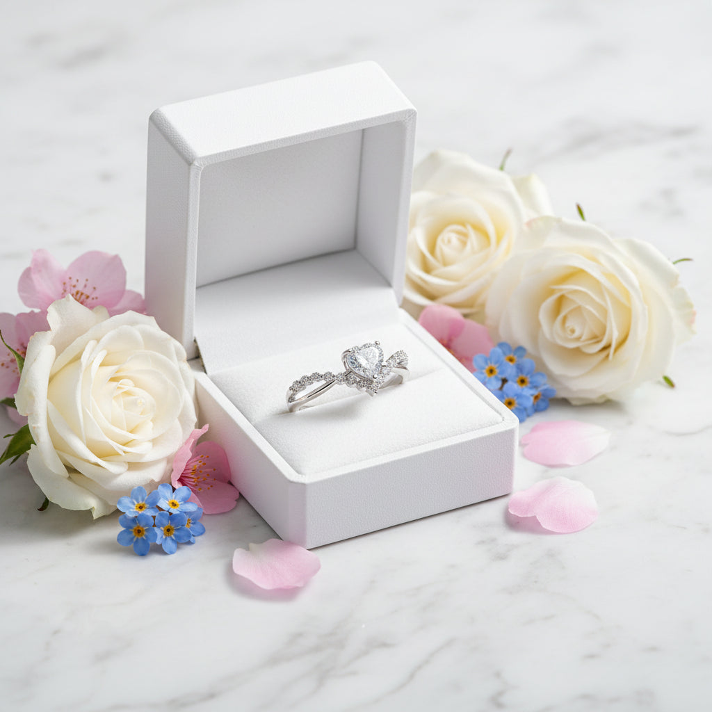 Italian Diamond Heart Design 1 Carat Moissanite Diamond Ring set in Platinum Plated 925 Silver (GRA)