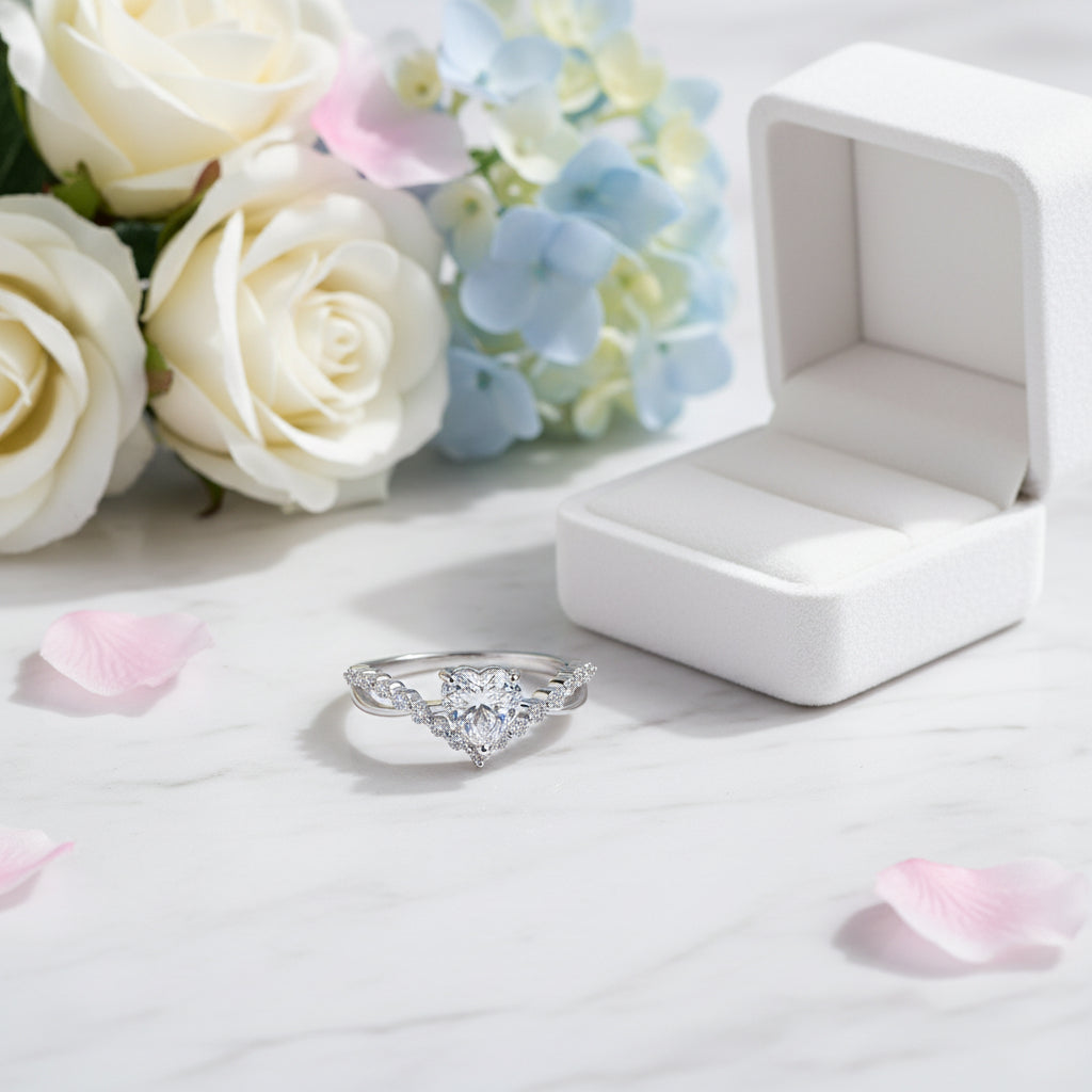 Italian Diamond Heart Design 1 Carat Moissanite Diamond Ring set in Platinum Plated 925 Silver (GRA)