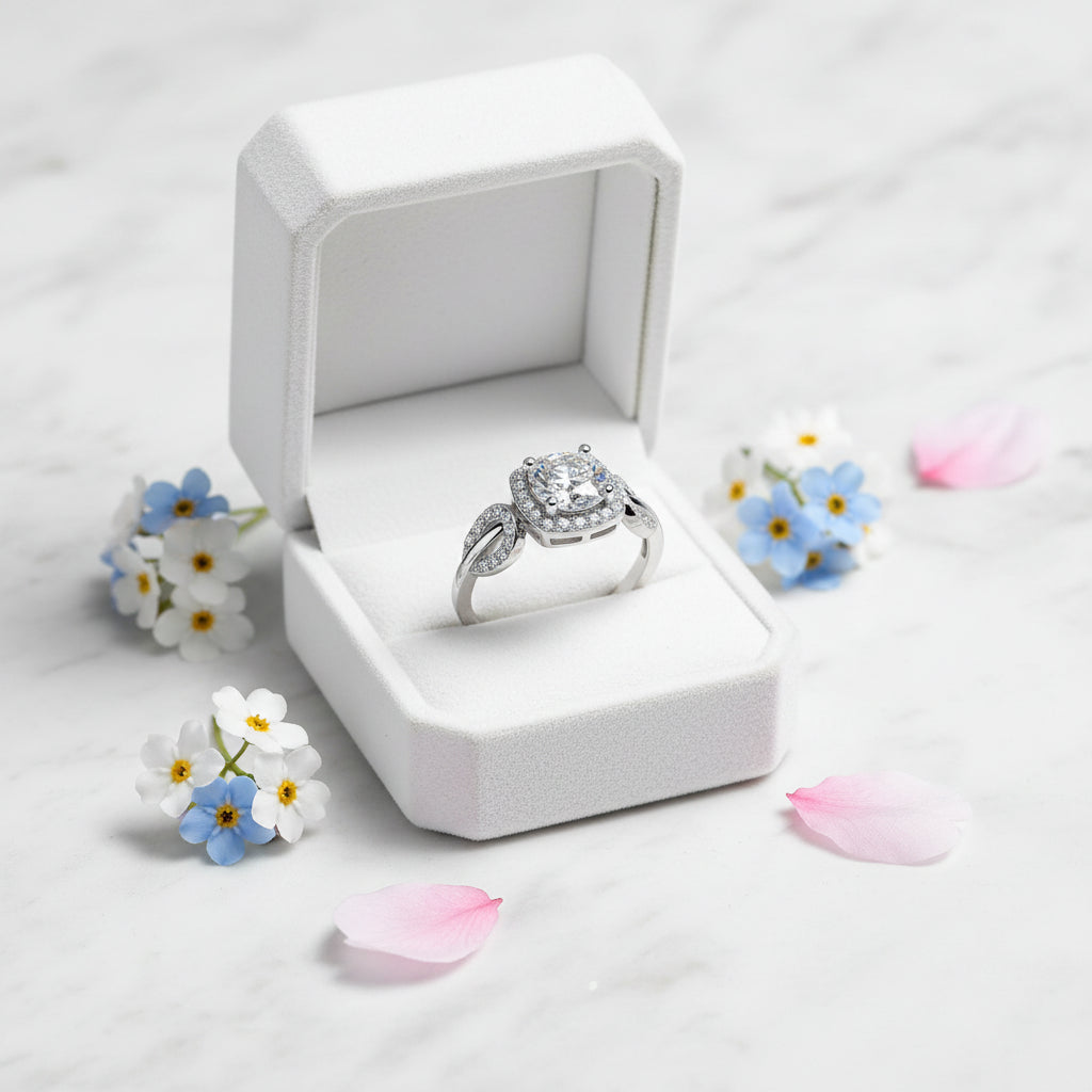 Korean Petal Design 1 Carat Moissanite Diamond Ring set in 18K White Gold Plated 925 Silver (GRA)