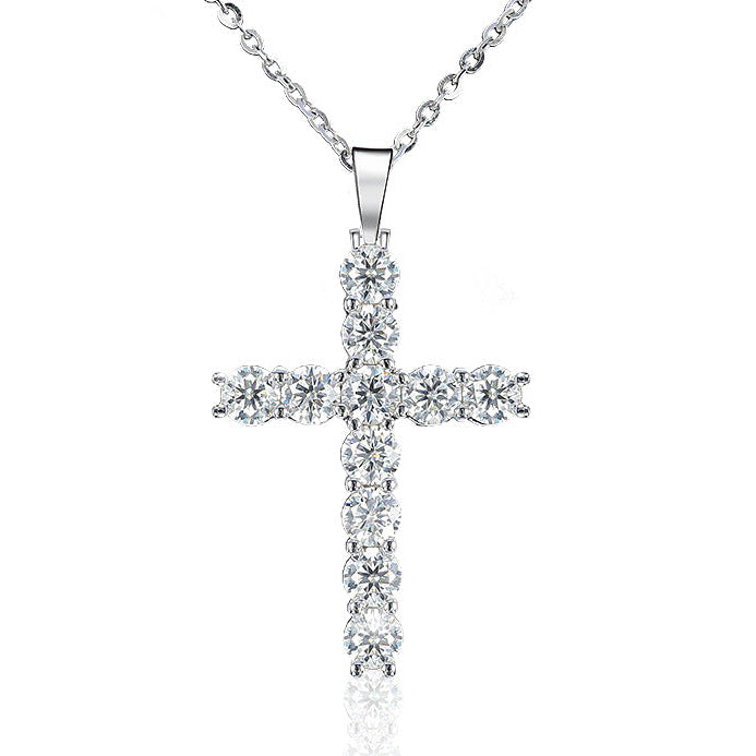 French Holy Cross Design 1 Carat Moissanite Diamond Pendent set in Platinum Plated 925 Silver